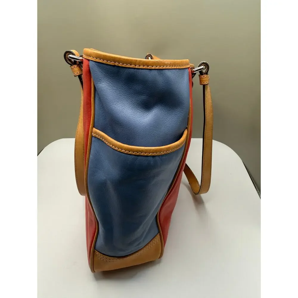 Coach F23683 Park Color Block Leather Tote Shoulder Bag Red Blue Tan